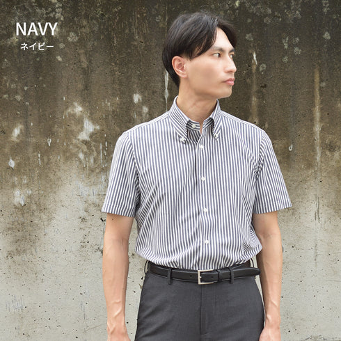 【日本製】 ワイシャツ メンズ 半袖 ビジネス 形態安定 速乾 ノーアイロン ストライプシャツ ボタンダウン ネイビー(SHKN24-063-na)